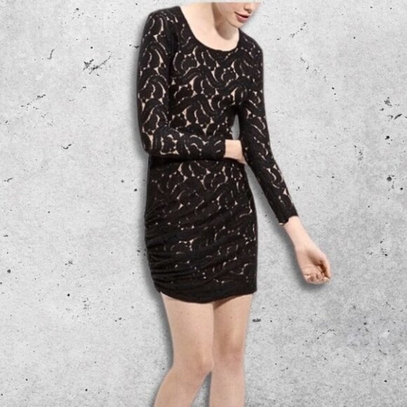 A.L.C. Scarlet Mini Dress Long-Sleeve Black Lace Nude Lining Ruched‎ Side W S - Picture 1 of 12